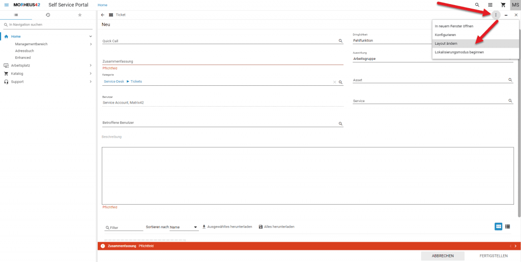 layout designer öffnen neues ticket erstellen ssp