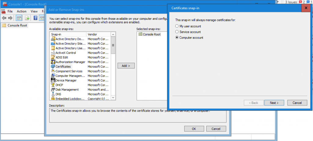 zertifikat snap in für das computerkonto hinzufügen
