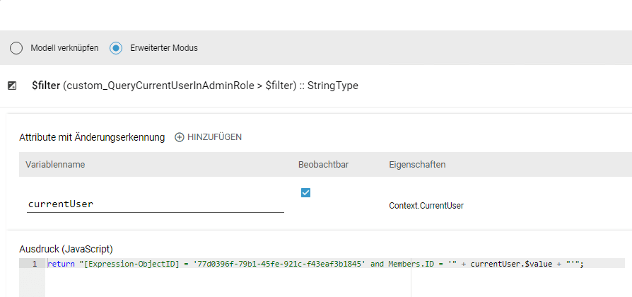 filter auf adminrolle mit dynamischer benutzervariable