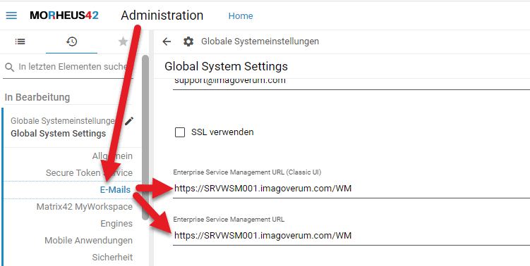 e mail link in den globalen matrix42 einstellungen ändern