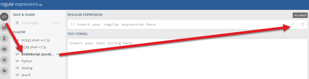 regex101 auf ecma script umstellen und parameter entfernen