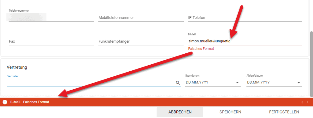 ungültige e mail im personen dialog