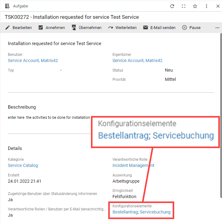 Neues Konfigurationselement an der Aufgabe