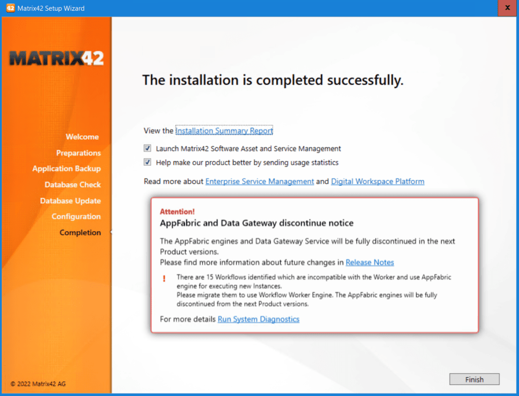 Matrix42 Workspace Management Warnmeldung installer AppFabric nicht mehr supported