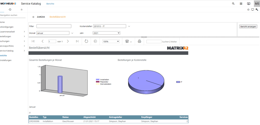 Standard-Bericht Bestellübersicht in Matrix42